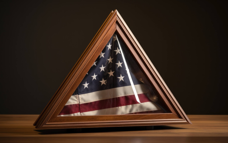 A neatly folded American flag displayed in a wooden triangular case, symbolizing honor and respect.